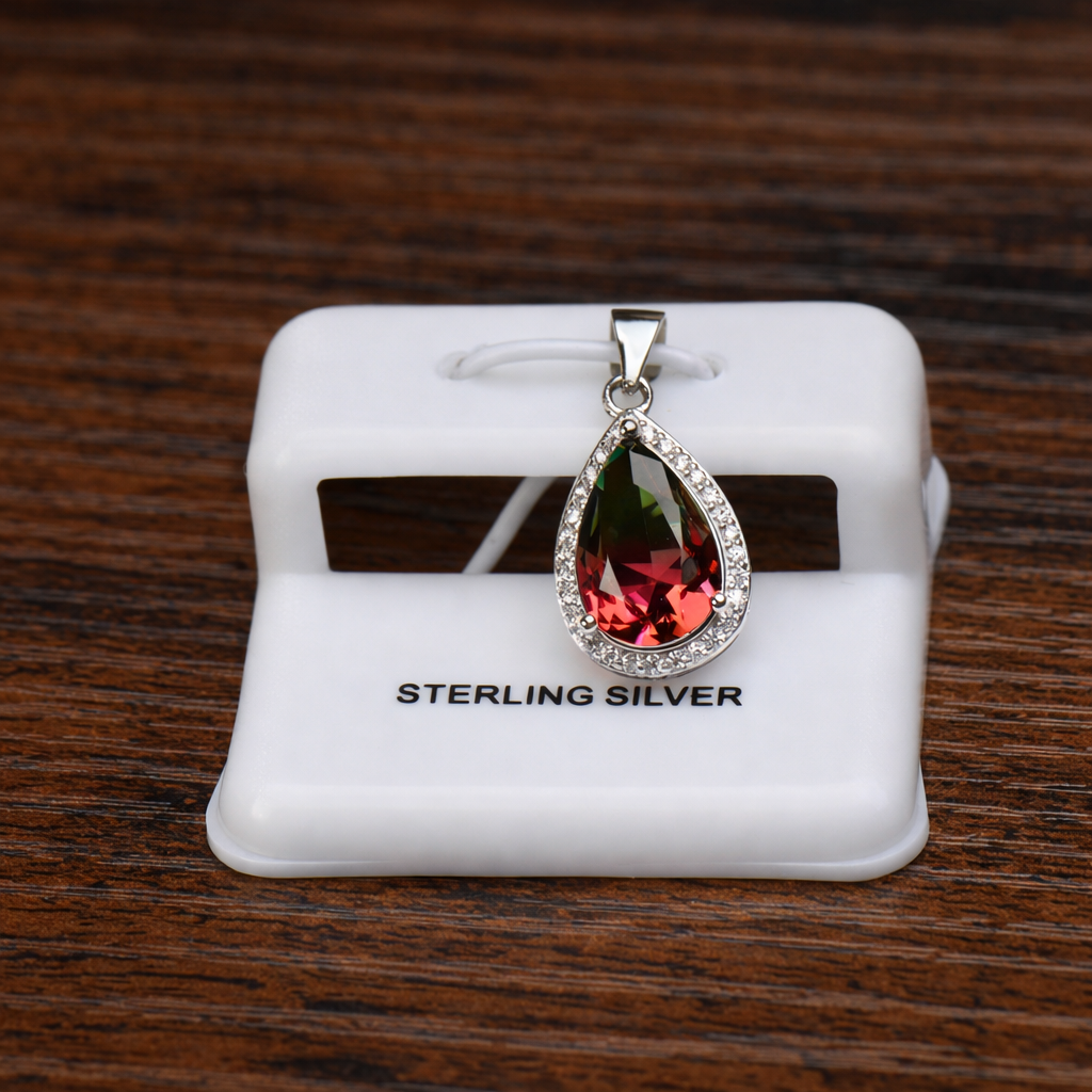 Watermelon Pear Semi Precious Natural Halo 925 Sterling Silver pendant on a white display stand