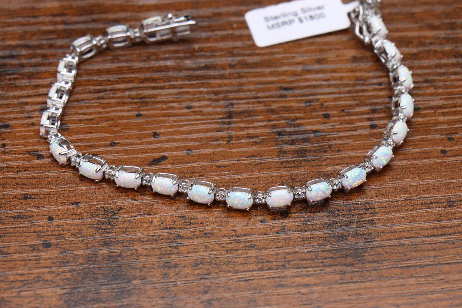 925 Sterling Silver White Lab White Opal Tennis Bracelet 7 Inch