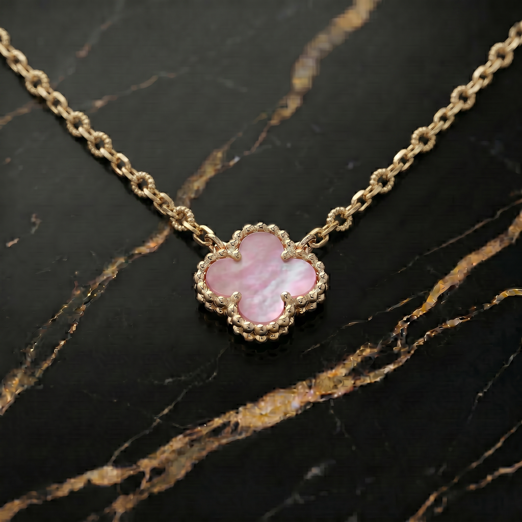Pink Mother Of Pearl Clover 18” Adjustable Necklace 14k Over 925 Silver