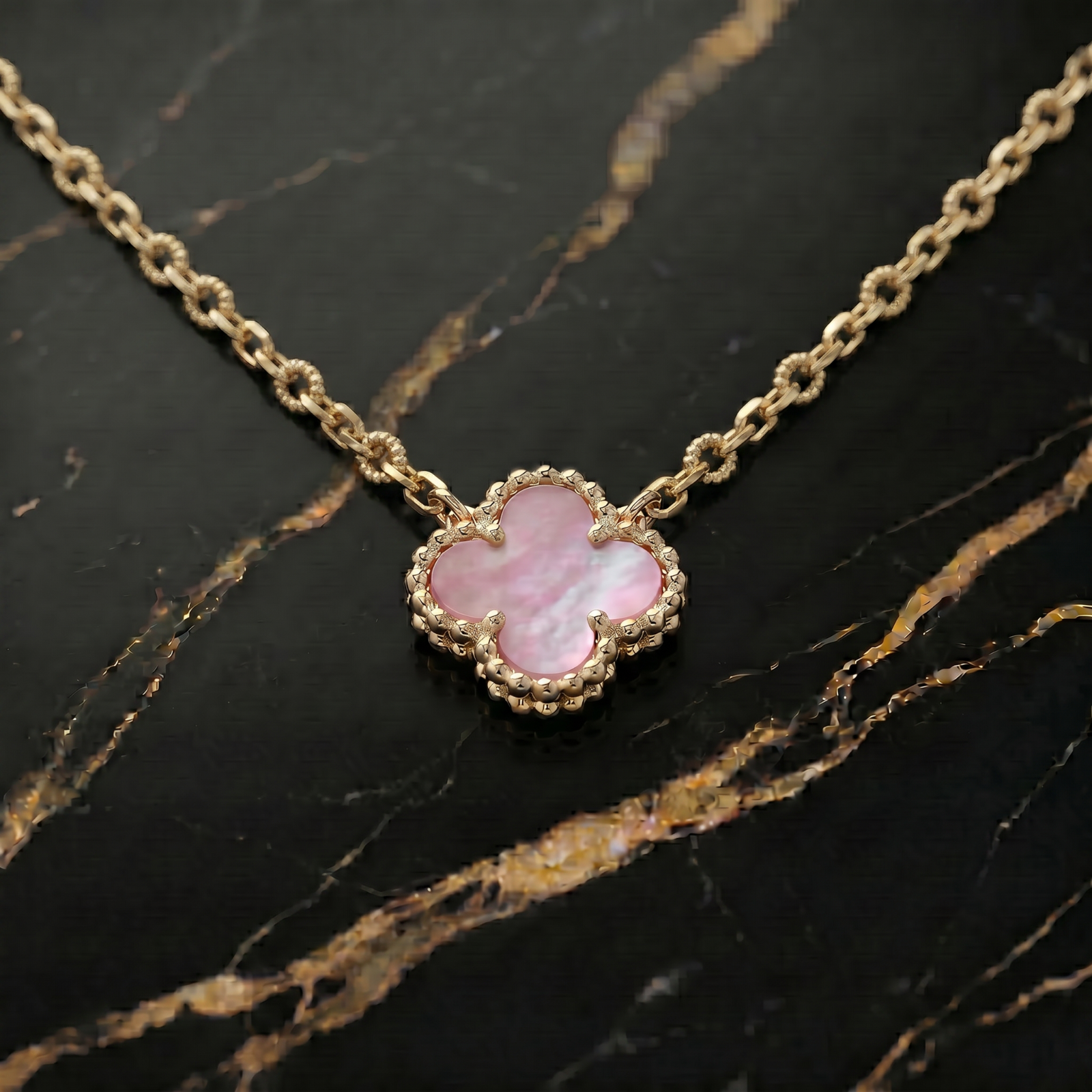 Pink Mother Of Pearl Clover 18” Adjustable Necklace 14k Over 925 Silver