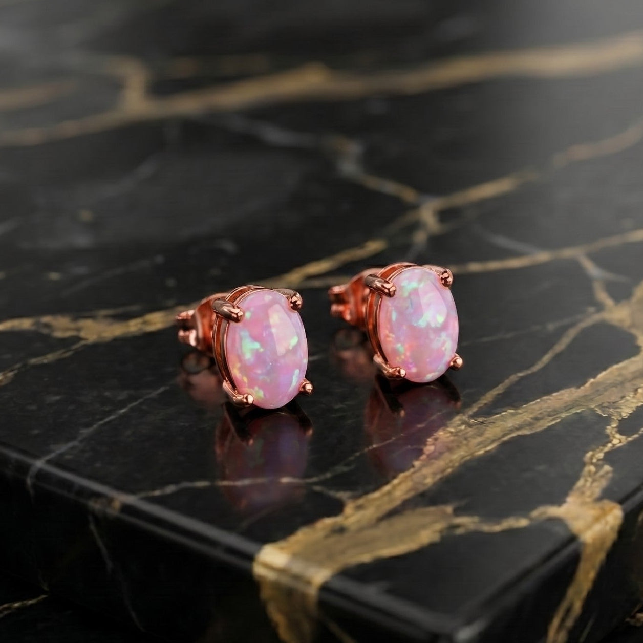 Pink Opal Earrings Rose Gold Over 925 Sterling Silver Lab Created 4x6mm
