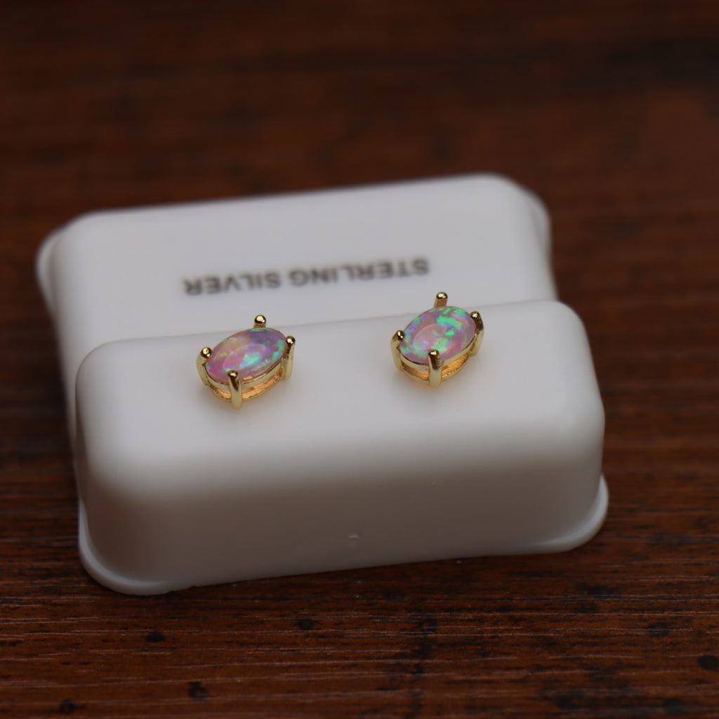 Pink Opal Earrings 14k Gold Over 925 Sterling Silver Lab Created 4x6mm on a white display