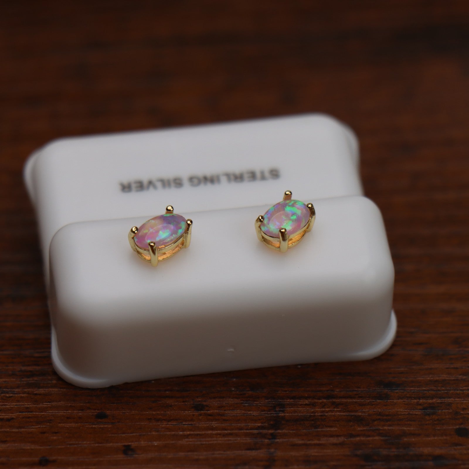 Pink Opal Earrings 14k Gold Over 925 Sterling Silver Lab Created 4x6mm on a white display