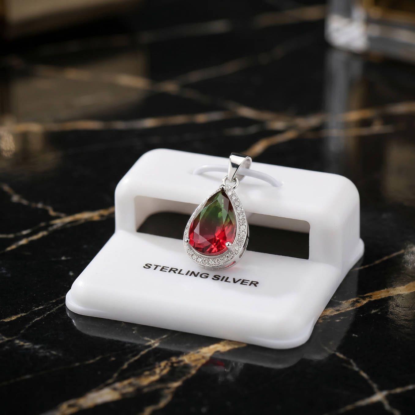Watermelon Pear Semi Precious Natural Halo 925 Sterling Silver pendant on white display