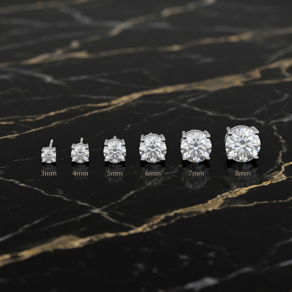 Moissanite Stud Earrings in 3mm, 4mm, 5mm, 6mm, 7mm, and 8mm sizes on a black marble surface