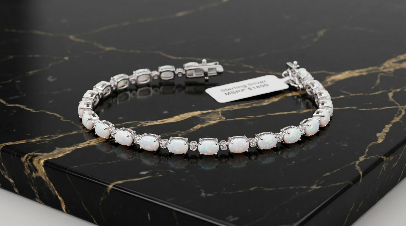 925 Sterling Silver White  Lab White Opal Tennis Bracelet  7 Inch