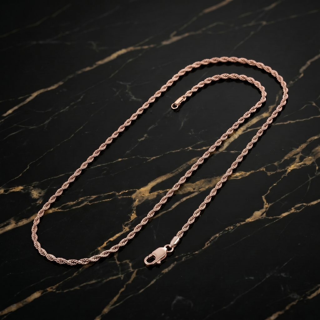 1MM Solid 925 Rose Gold Sterling Silver Italian Diamond Cut Rope Chain Necklace on black marble