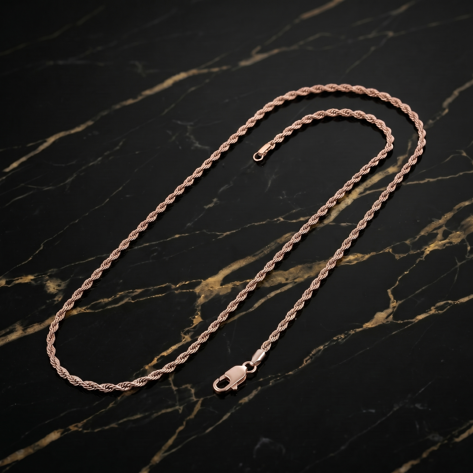 1MM Solid 925 Rose Gold Sterling Silver Italian Diamond Cut Rope Chain Necklace on black marble