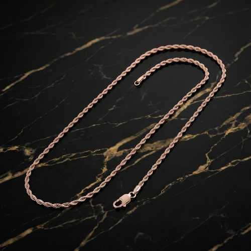 1MM Solid 925 Rose Gold Sterling Silver Italian Diamond Cut Rope Chain Necklace on black marble