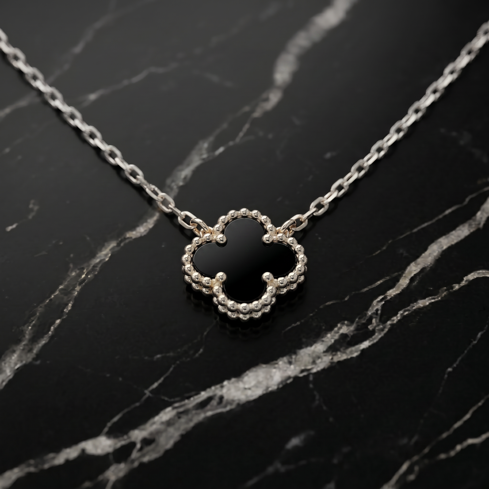 Black Onyx Clover 18” Adjustable to 20" Necklace 925 Sterling Silver 9.5mm