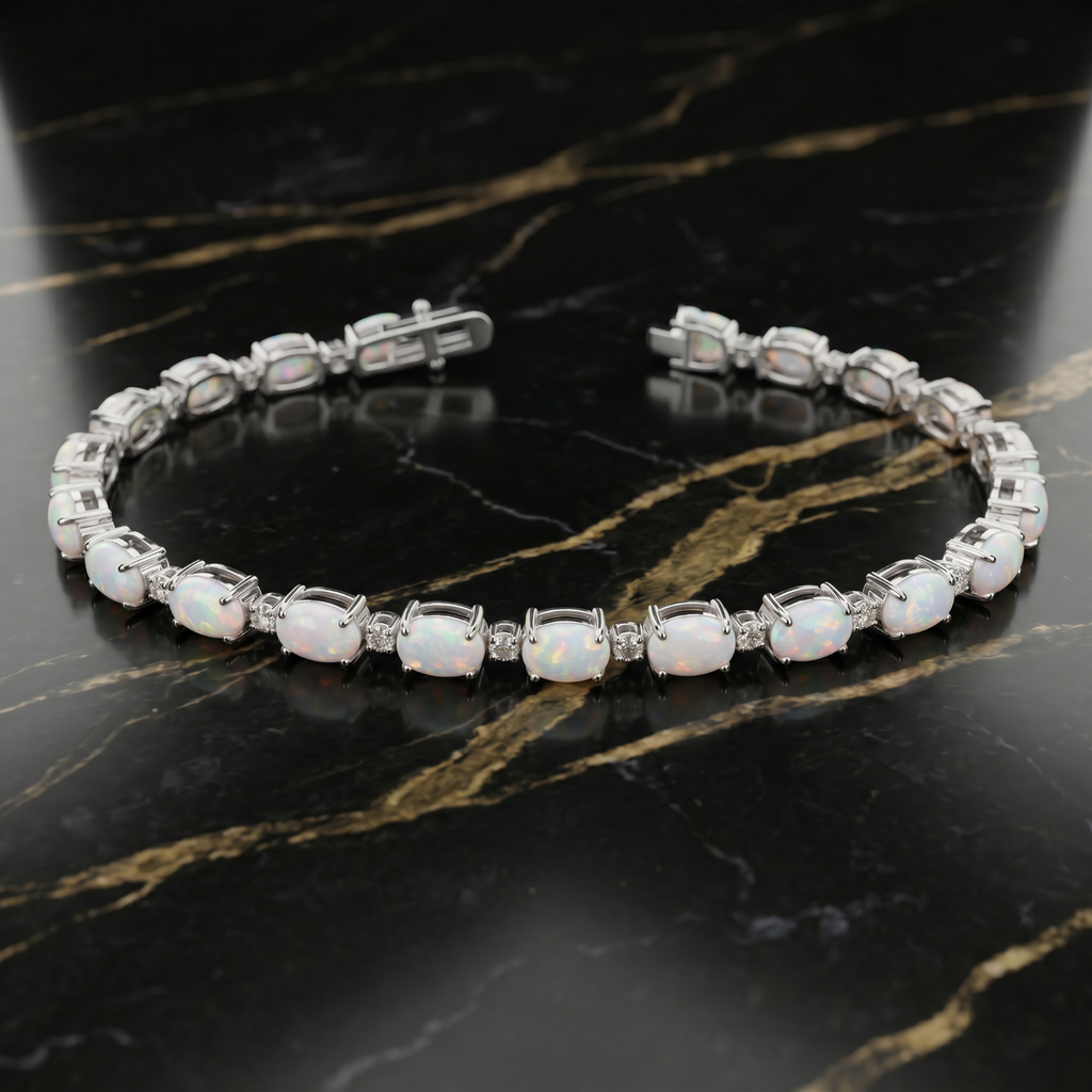 925 Sterling Silver White  Lab White Opal Tennis Bracelet  7 Inch