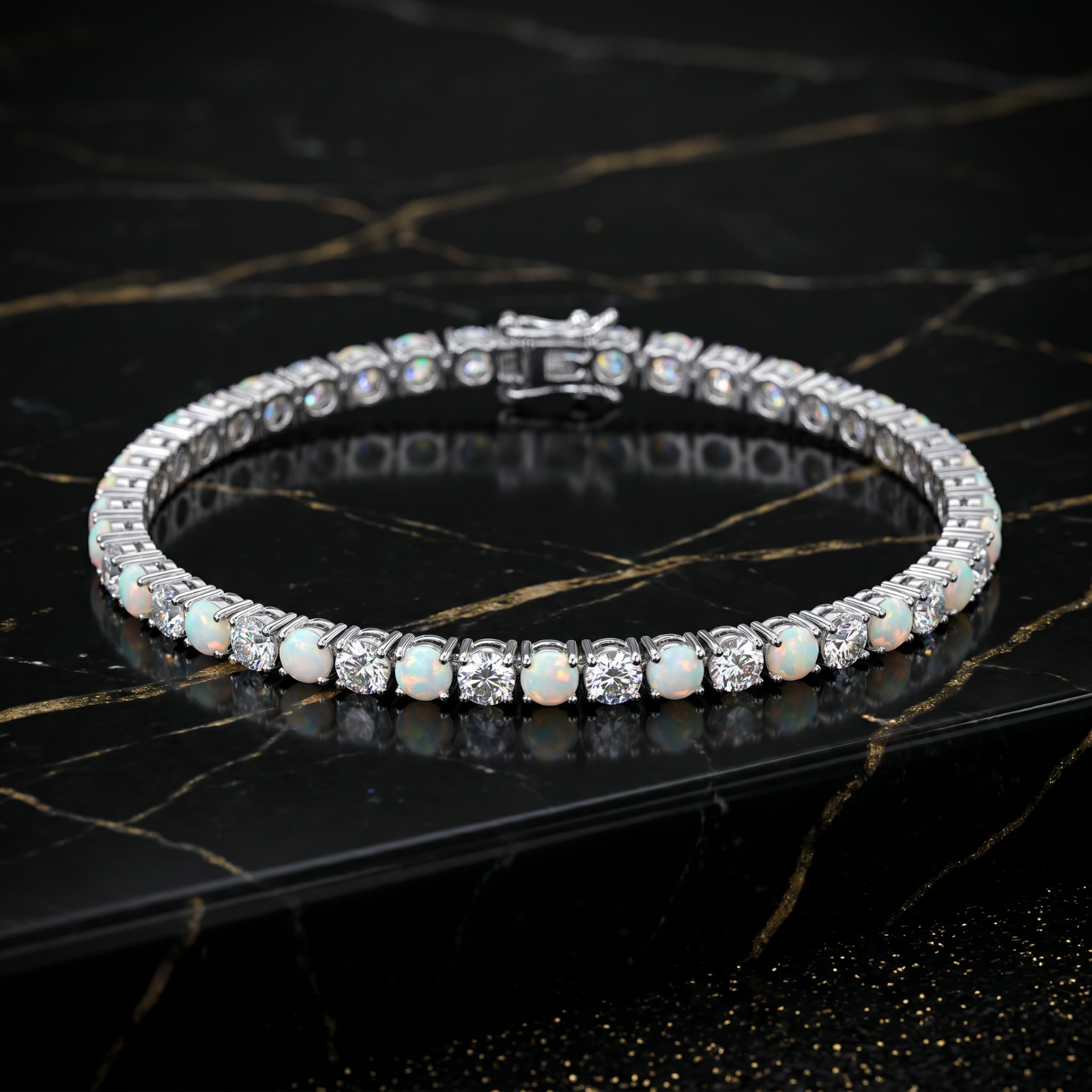 925 Sterling Silver White Lab Opal Tennis Bracelet with Cz Stone, 7 Inch, 3mm Stones