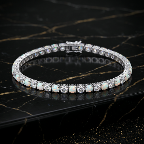 925 Sterling Silver White Lab Opal Tennis Bracelet with Cz Stone, 7 Inch, 3mm Stones