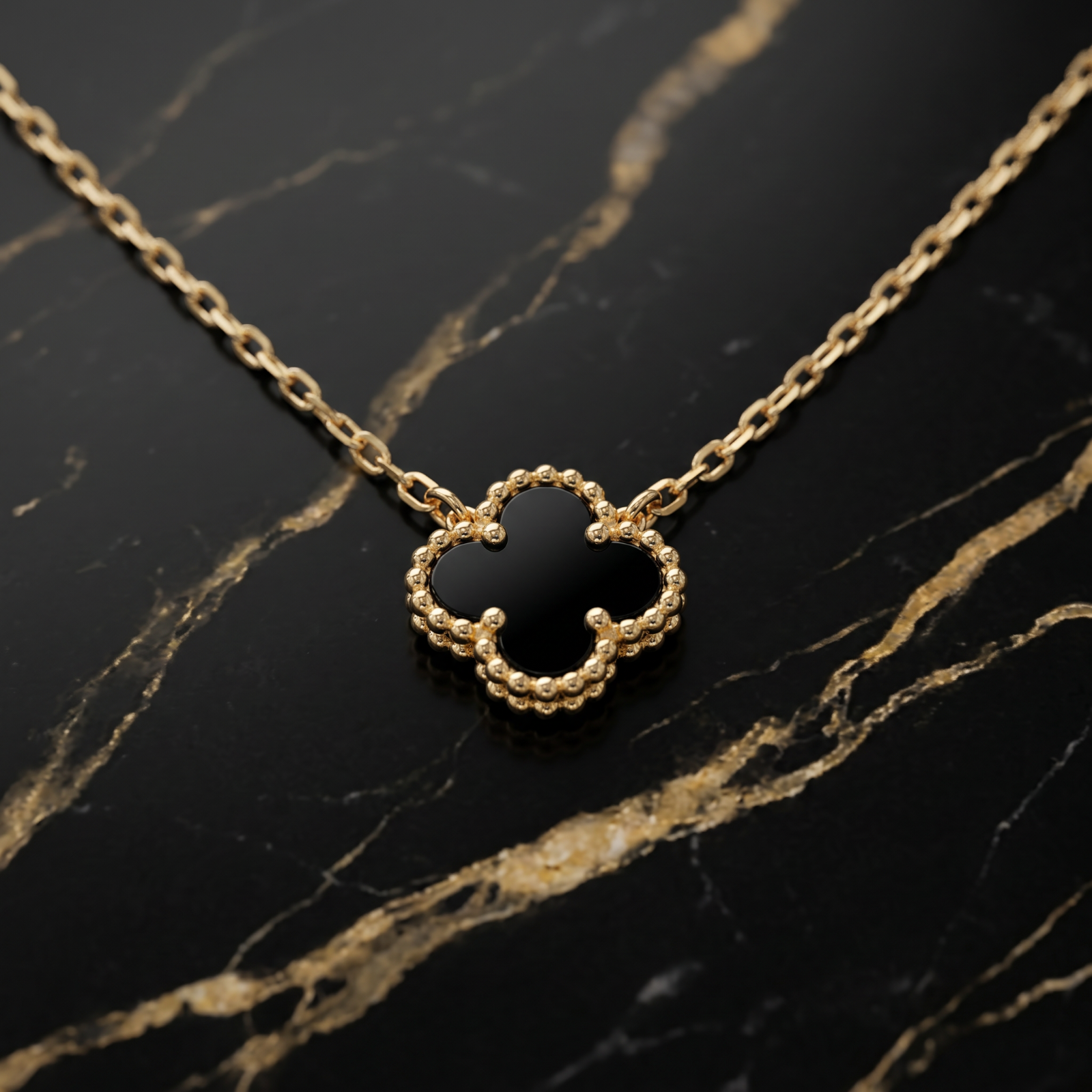 Black Onyx  Clover 18” Adjustable Necklace 14k Gold Over 925 Sterling Silver