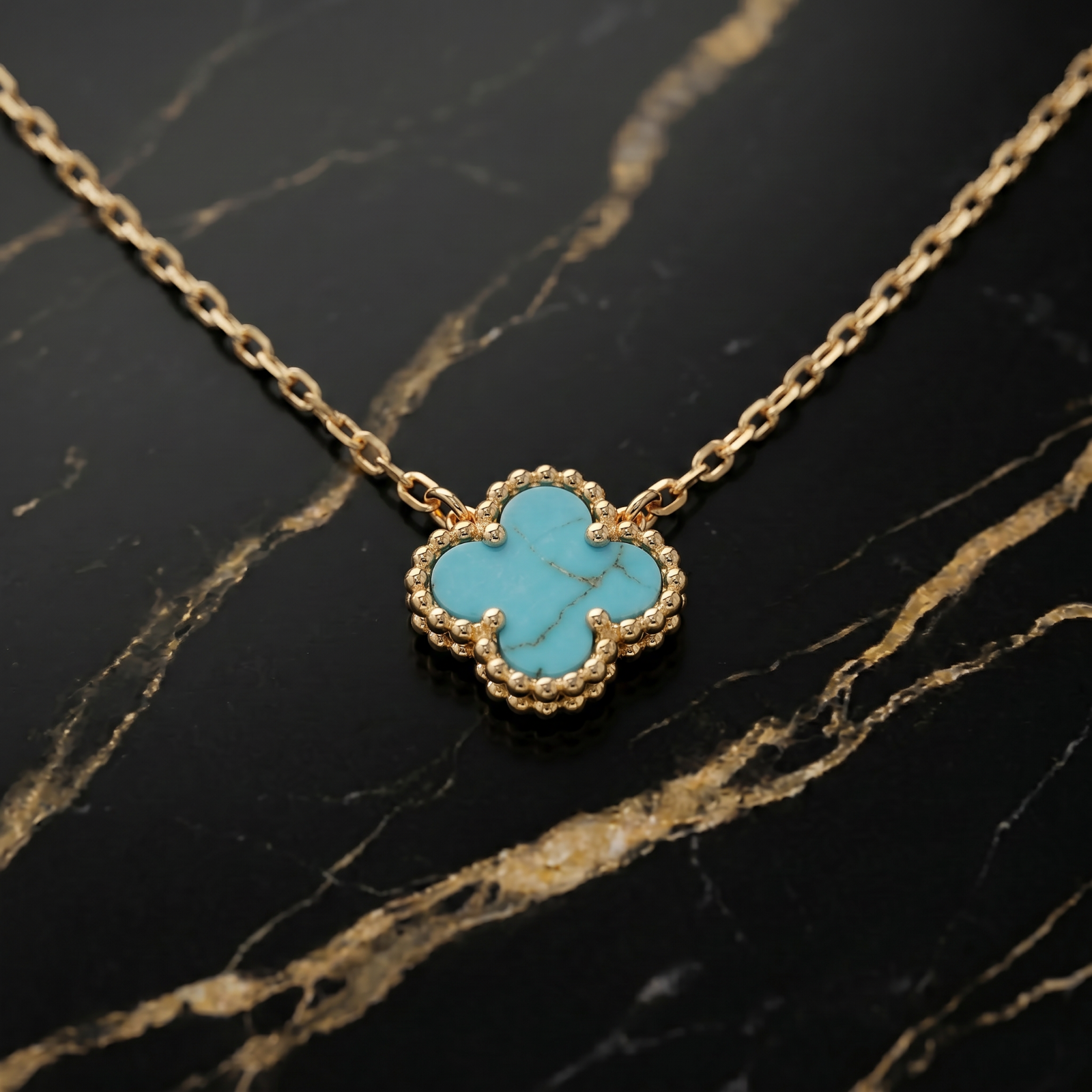 Turquoise Clover 18” Adjustable Necklace 14k Gold Over 925 Sterling Silver