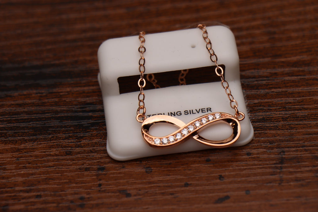Rose Gold over 925 Sterling Silver Infinity Necklace CZ Pendant 18" Chain