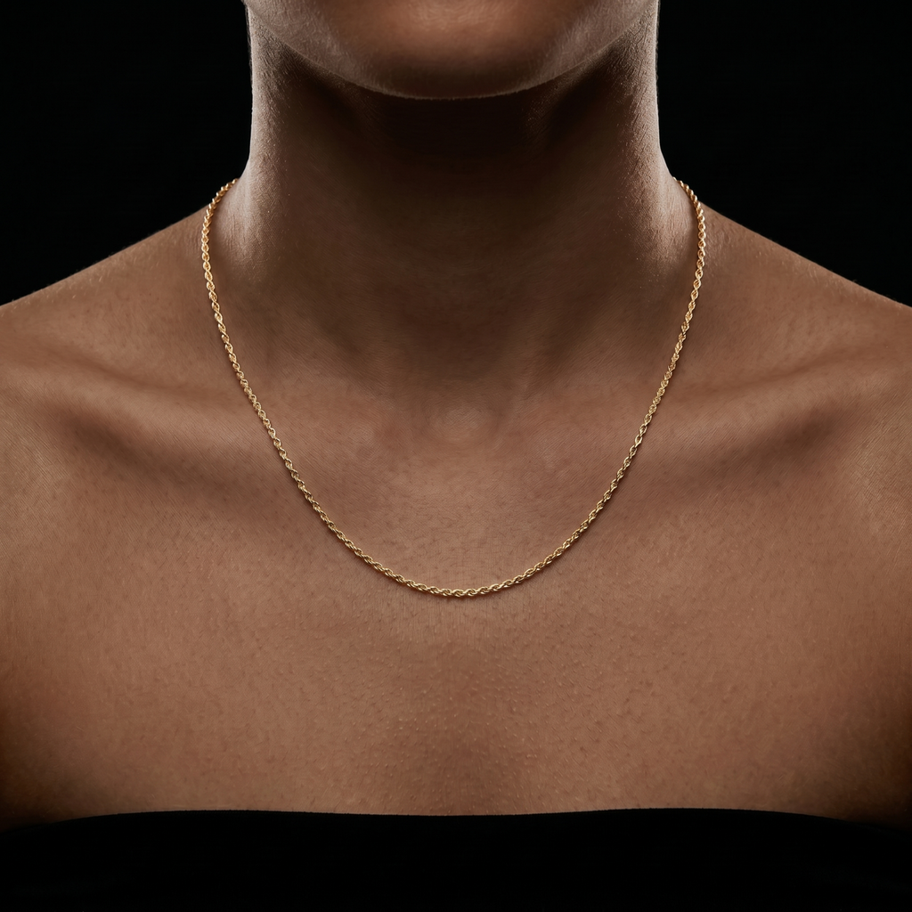 1MM Solid 14k over 925 Sterling Silver Italian DIAMOND CUT ROPE CHAIN Necklace on a model