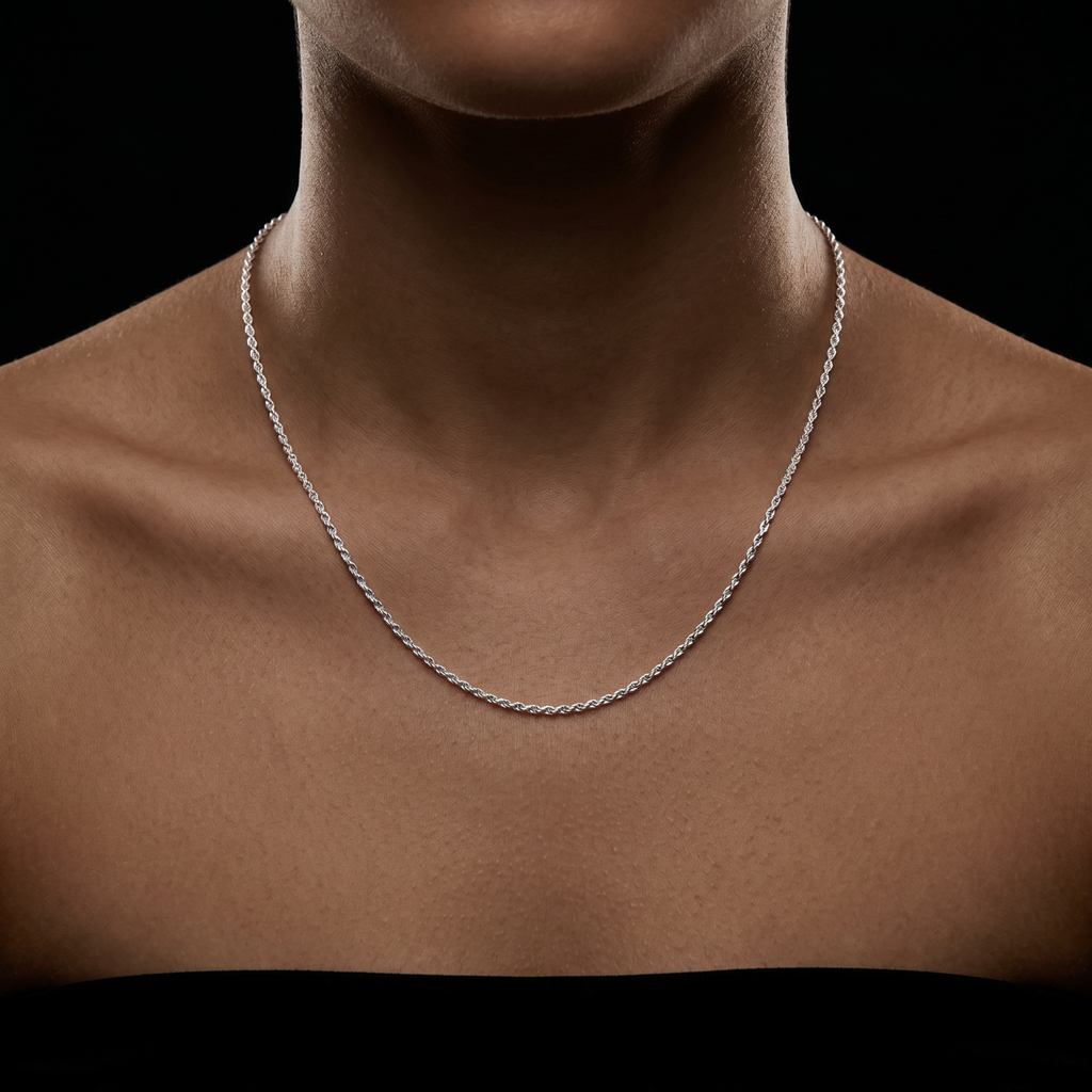 1MM Solid 925 Sterling Silver Italian DIAMOND CUT ROPE CHAIN Necklace on a person's neck