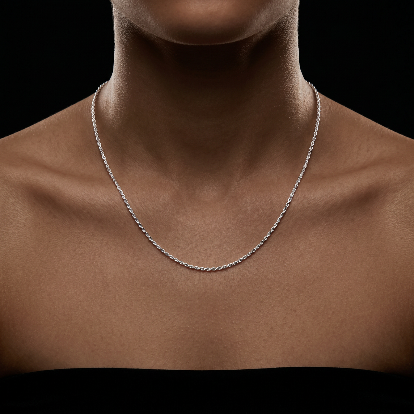 1MM Solid 925 Sterling Silver Italian DIAMOND CUT ROPE CHAIN Necklace on a person's neck