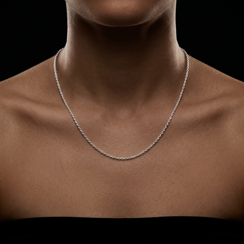 1MM Solid 925 Sterling Silver Italian DIAMOND CUT ROPE CHAIN Necklace on a person's neck