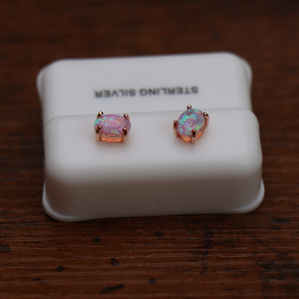 Pink Opal Earrings Rose Gold Over 925 Sterling Silver Lab Created 4x6mm