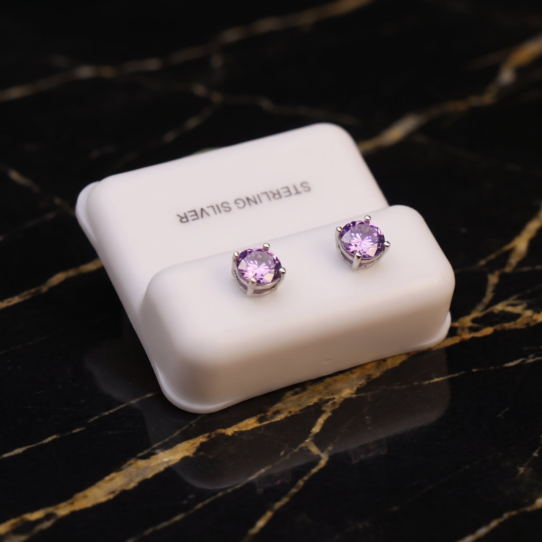 Amethyst Purple Cz Earrings Round 925 Sterling Silver 6mm