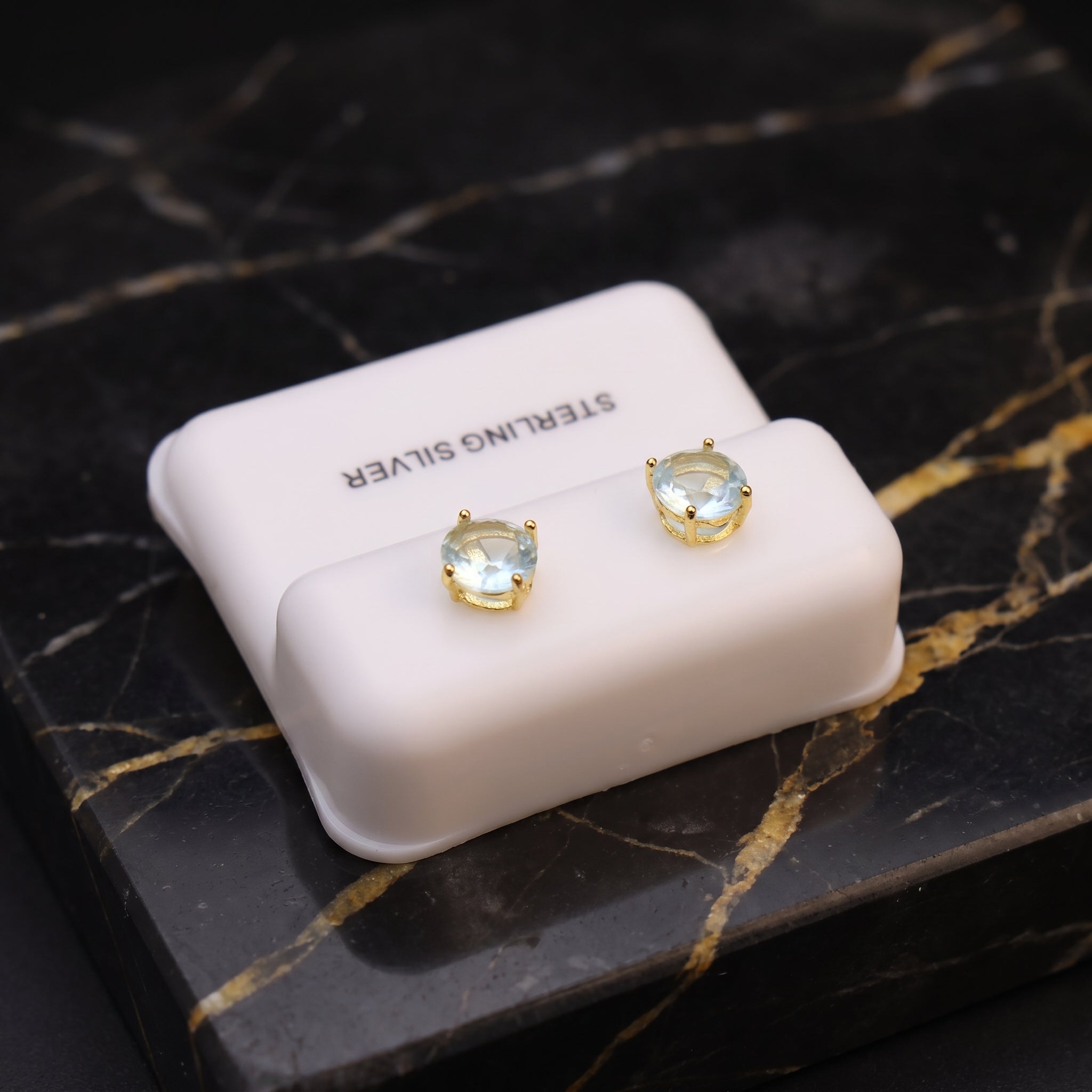 Aquamarine Cz Earrings Round 14k Gold Over 925 Sterling Silver 6mm