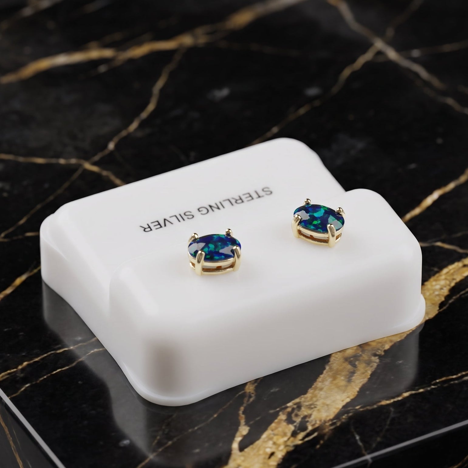 Blue Green Oval Opal Earrings 14k Gold Over 925 Sterling Silver Lab Created 4x6mm