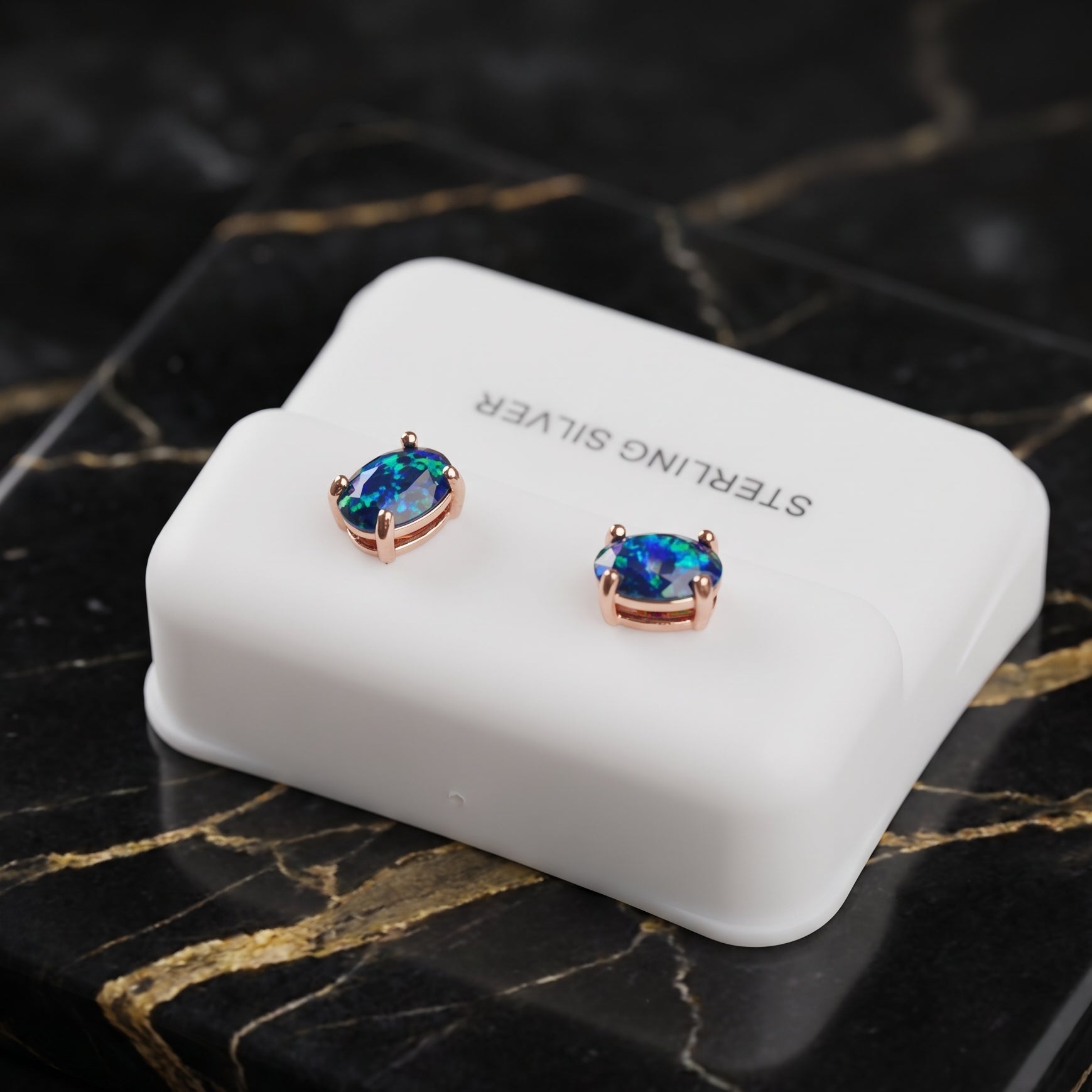 Blue Green Oval Opal Earrings Rose Gold Over 925 Sterling Silver Lab Created