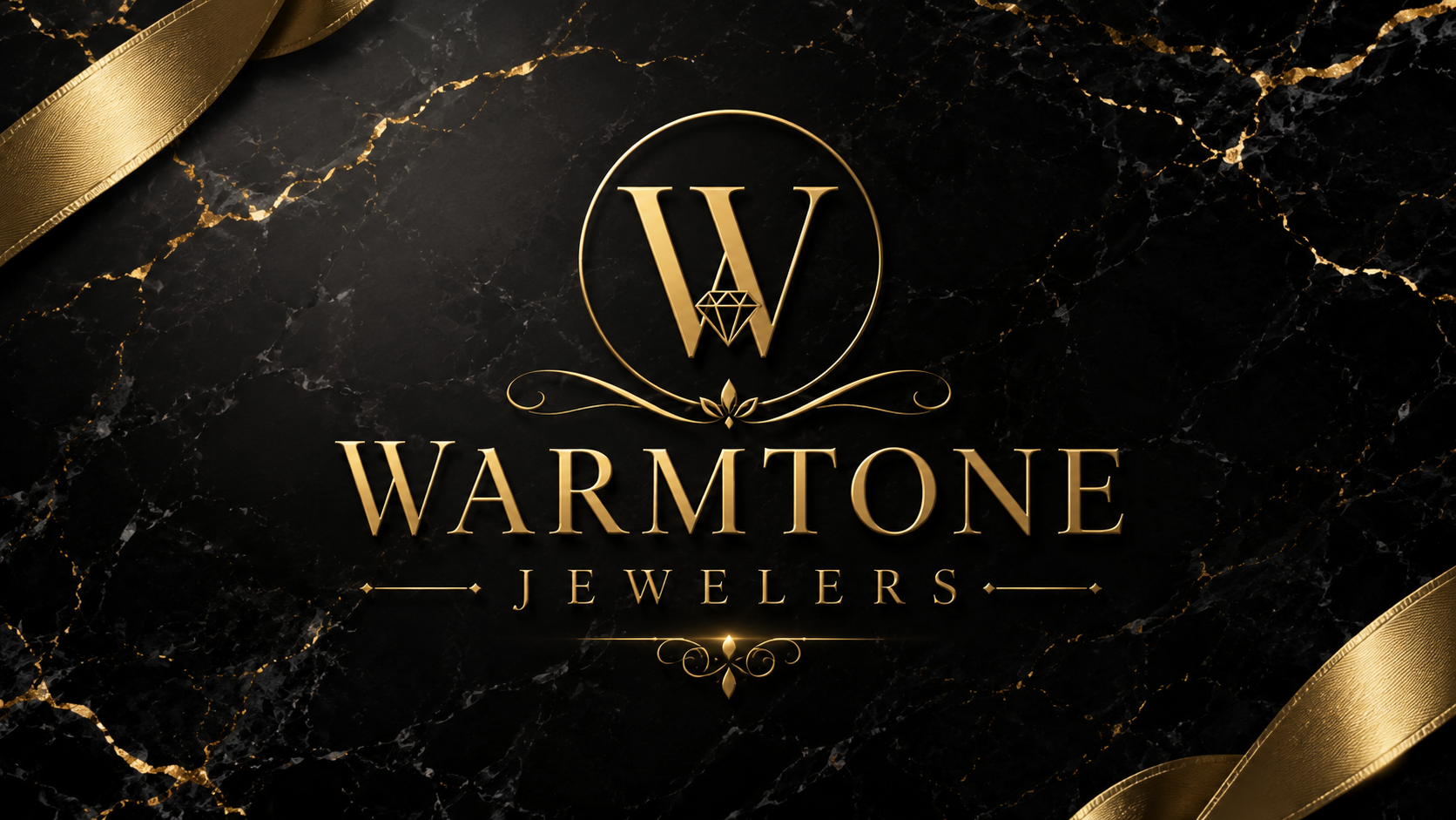 A luxury brand graphic for Warmtone Jewelers featuring a gold monogram 'W' with a diamond motif above the brand name, set against a black marble background with gold veining and ribbon accents.