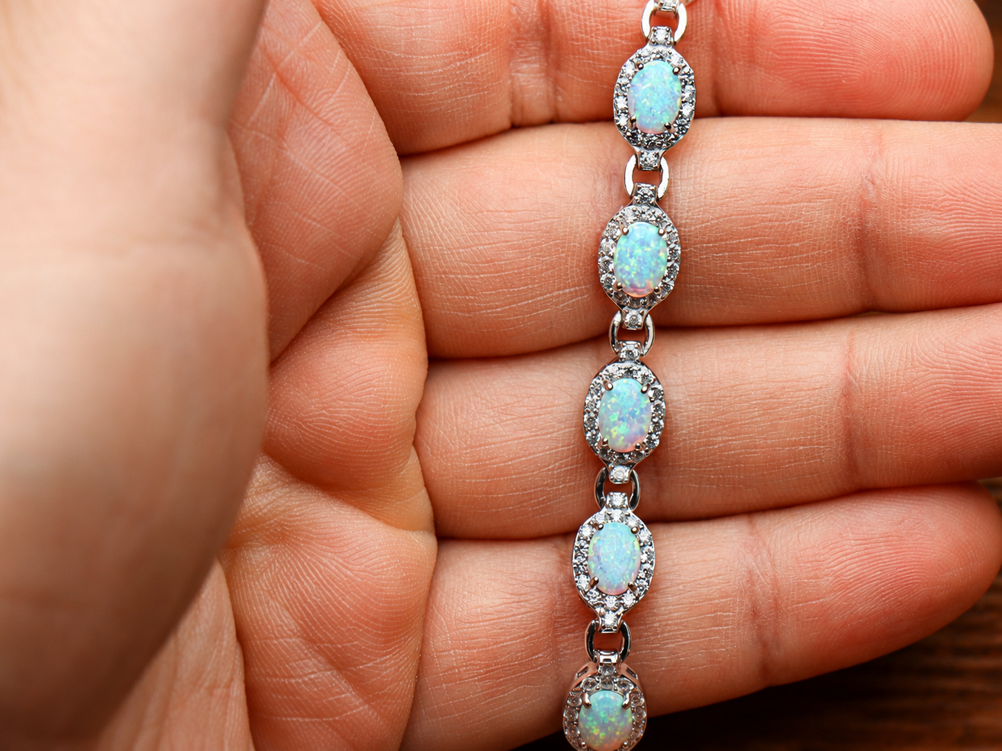Lab Created Opal Halo Tennis Bracelet 925 Sterling Silver Oval Link 7"