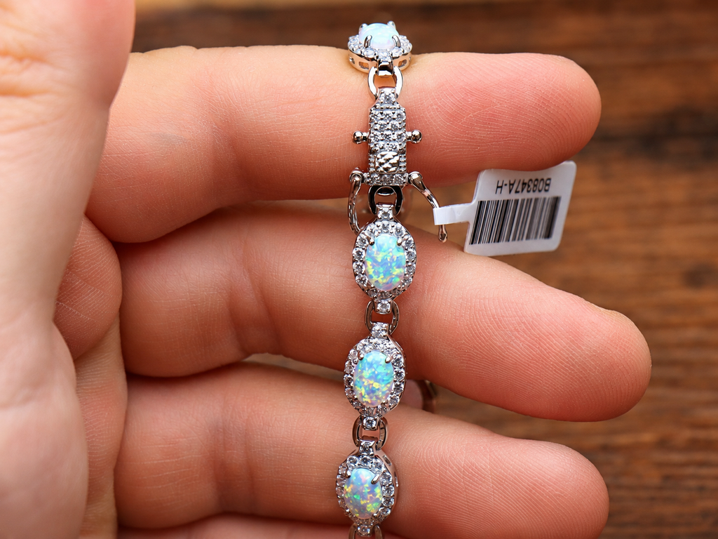 Lab Created Opal Halo Tennis Bracelet 925 Sterling Silver Oval Link 7"
