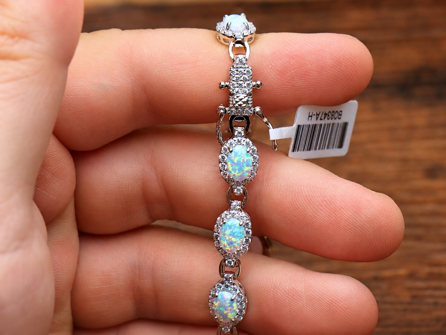 Lab Created Opal Halo Tennis Bracelet 925 Sterling Silver Oval Link 7"