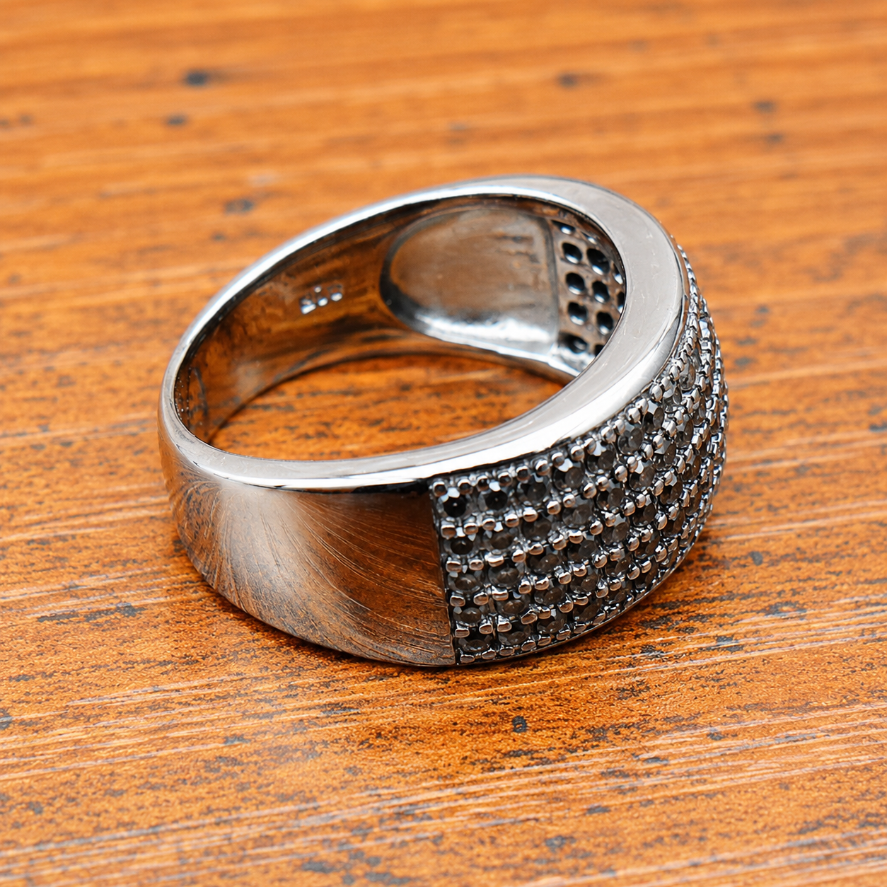 925 Sterling Silver Black Diamond CZ Pave Band Ring Wide Statement  Ring