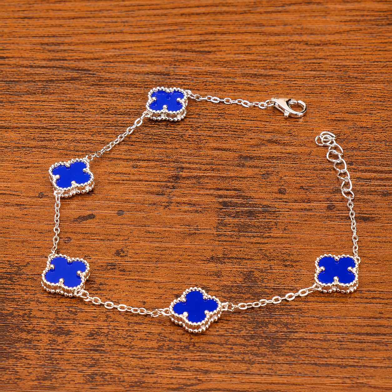Blue Agate Clover Bracelet Adjustable 7-8" inch 925 Sterling Silver