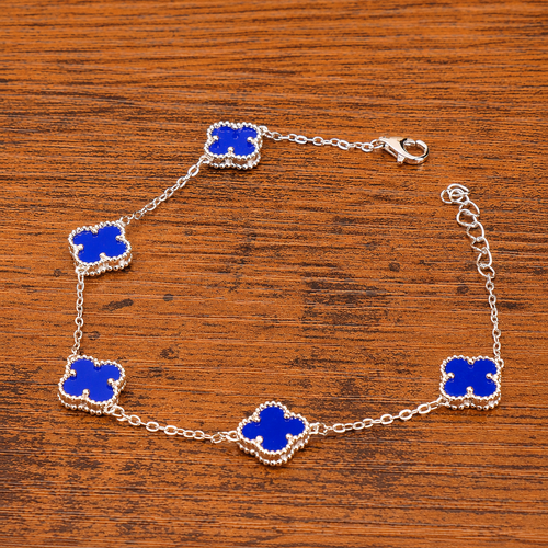 Blue Agate Clover Bracelet Adjustable 7-8" inch 925 Sterling Silver