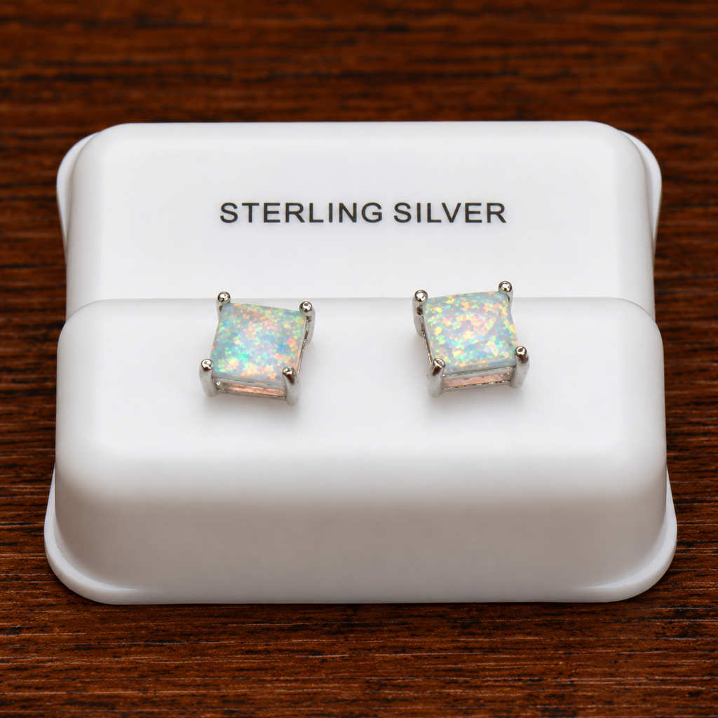 White opal square earrings in 925 sterling silver on a white display stand