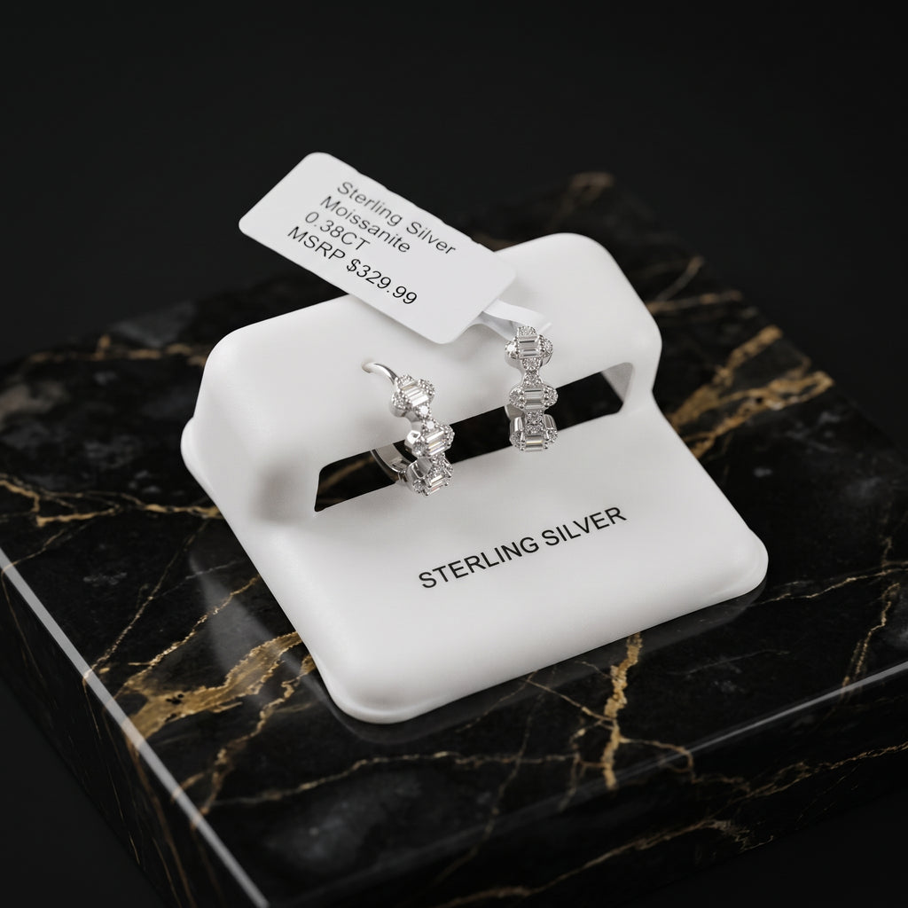 Three-Stone Baguette Huggie Earrings Moissanite 925 Sterling Silver