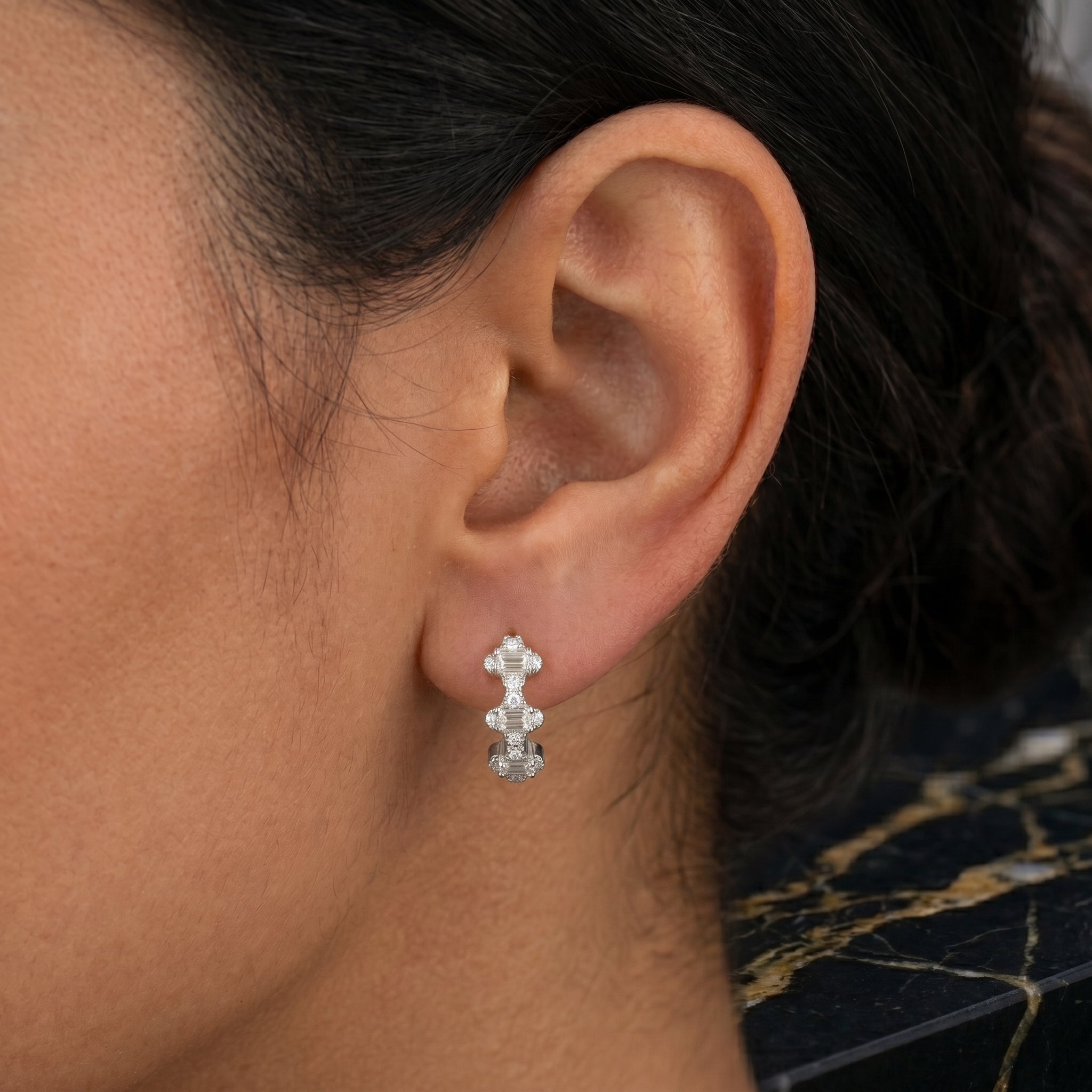 Three-Stone Baguette Huggie Earrings Moissanite 925 Sterling Silver