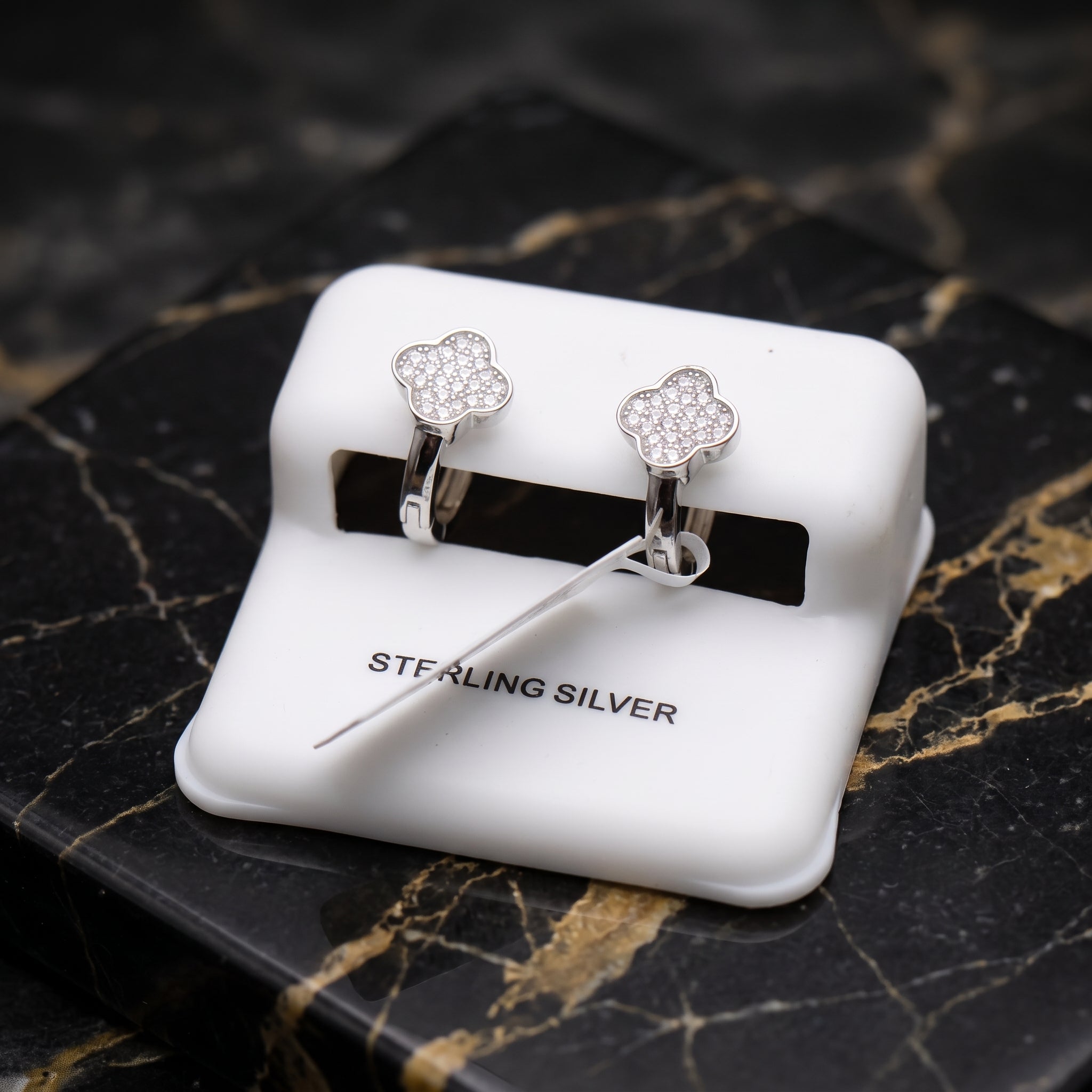 Clover Pave Huggies Hoop Earrings Genuine Moissanite 925 Sterling Silver