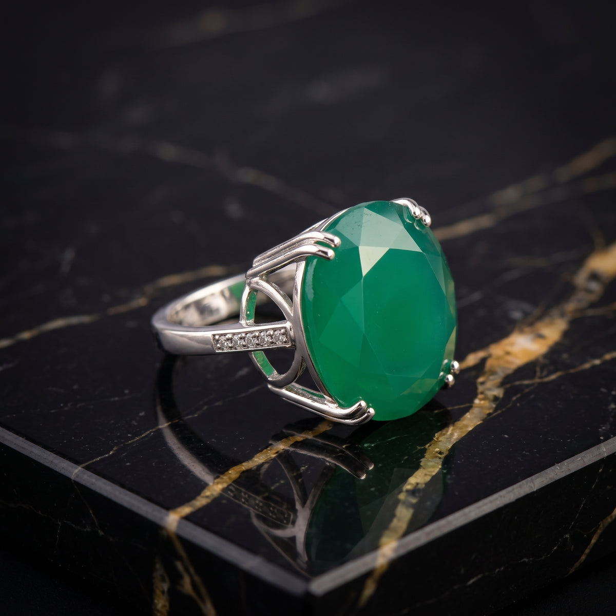 Large Emerald Stone Semi Precious Natural Ring 925 Sterling Silver Oval