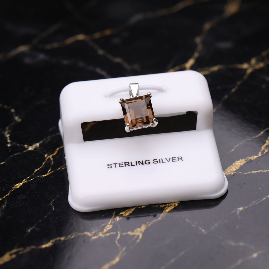 Smokey Quarts Square Semi Precious Natural Pendant 925 Sterling Silver 9mm