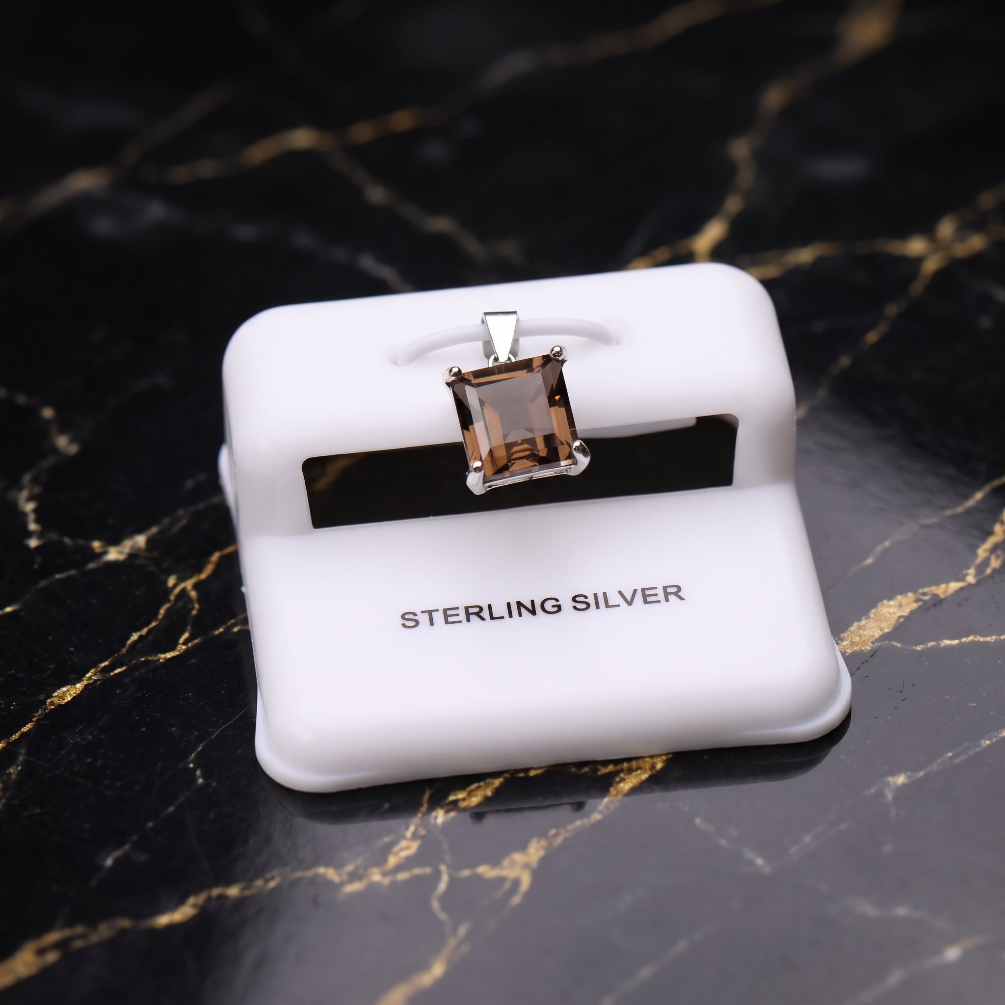 Smokey Quarts Square Semi Precious Natural Pendant 925 Sterling Silver 9mm