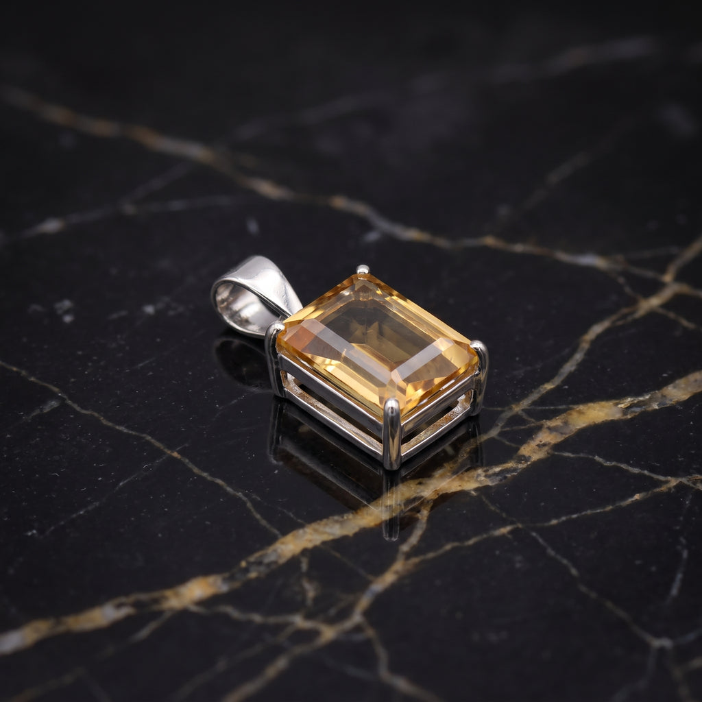 Citrine Emerald Cut Semi Precious Natural Pendant 925 Silver 9x7mm