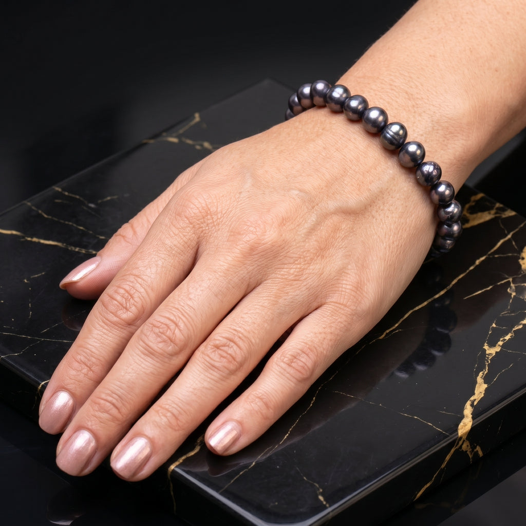Black Genuine Fresh Water Pearl Stretch Bracelet Color Treated Stretch