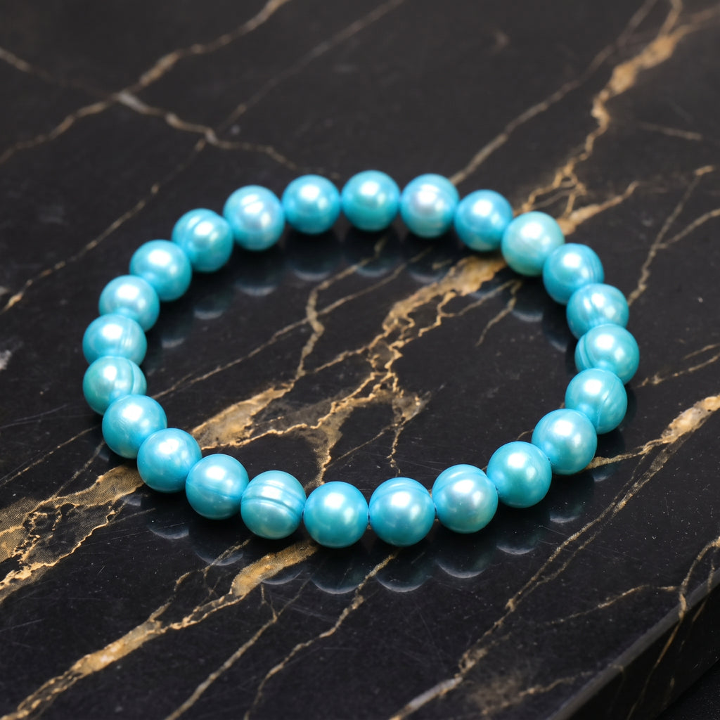 Light Blue Genuine Fresh Water  Pearl Stretch Bracelet Color Treated Stretch