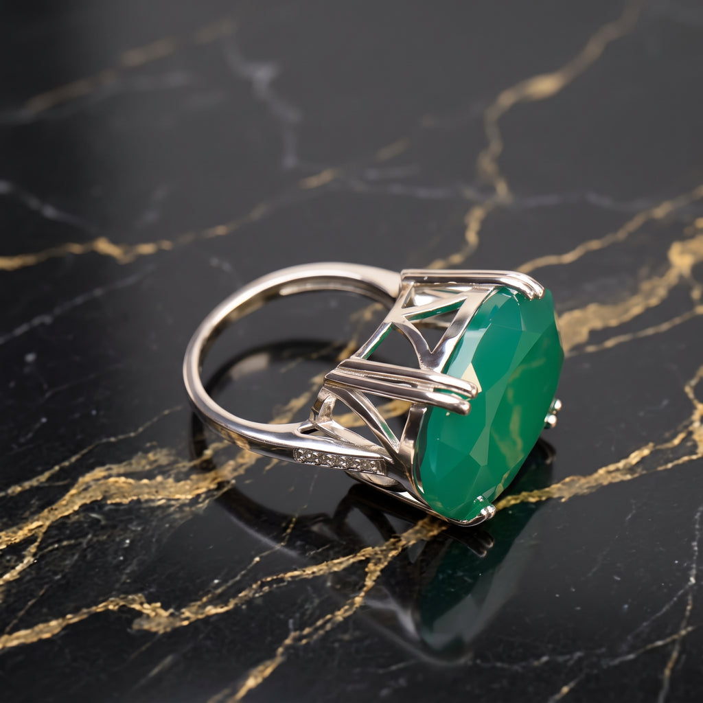 Large Emerald Stone Semi Precious Natural Ring 925 Sterling Silver Oval