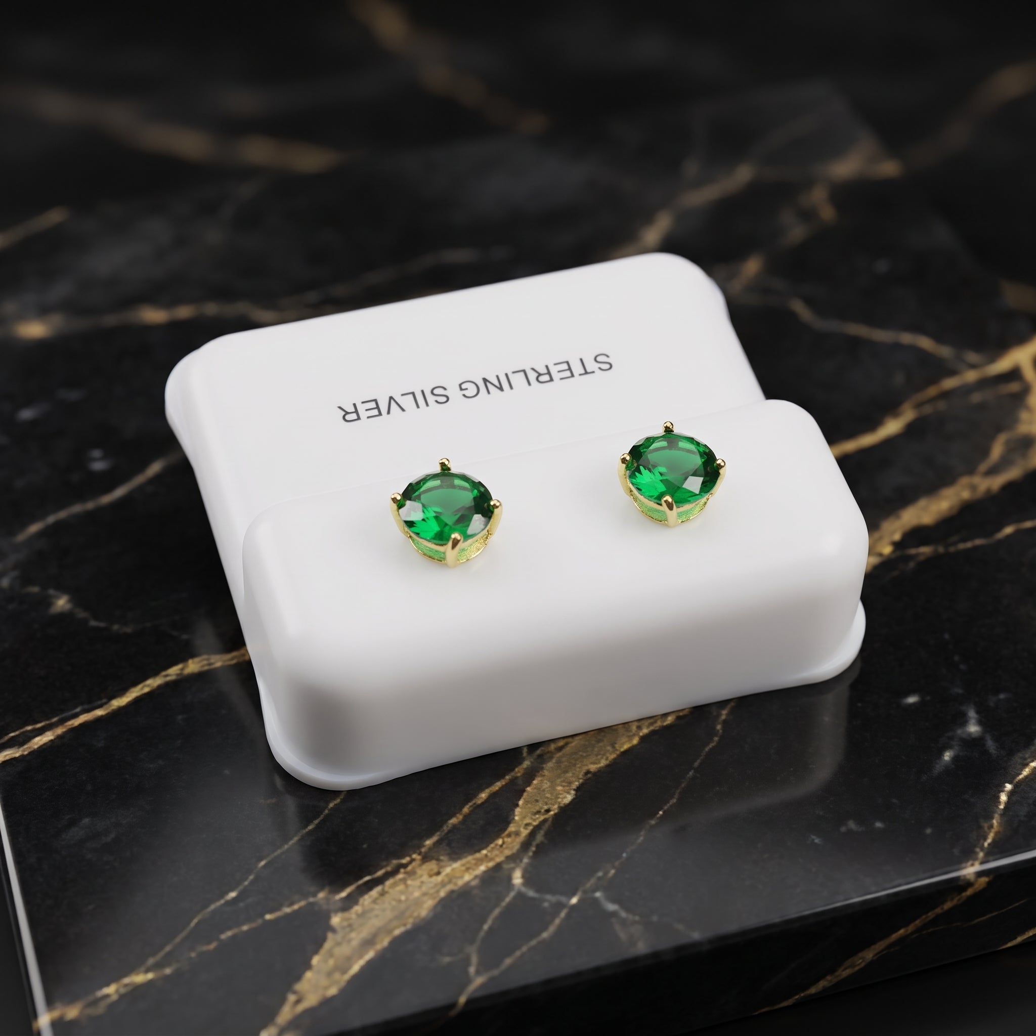 Emerald Green Cz Earrings Round 14k Gold Over 925 Sterling Silver 6mm