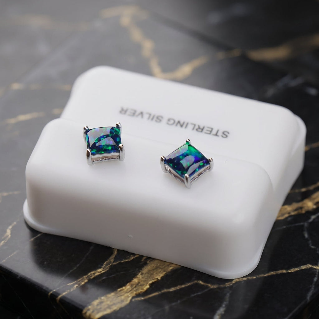 Green Fire Opal Square Earrings 925 Sterling Silver Lab Created
