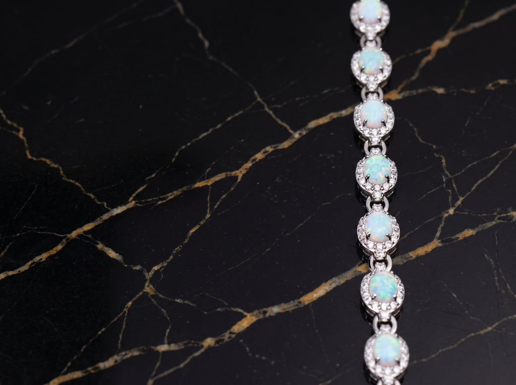 Lab Created Opal Halo Tennis Bracelet 925 Sterling Silver Oval Link 7"